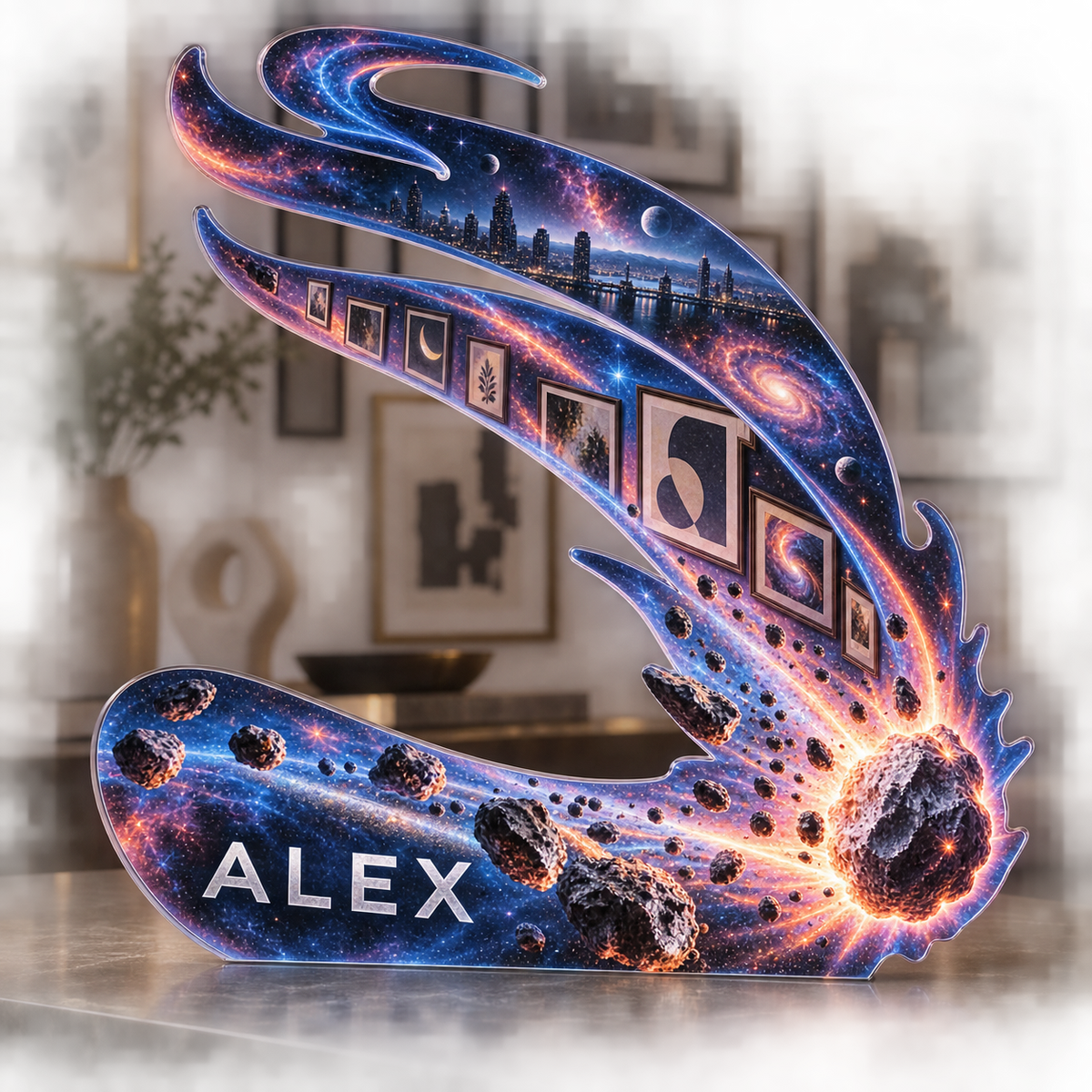 Artwork visualization: Comet trail — apartment gallery wall, personalized ALEX, subject-shaped acrylic with printed optical 3D depth; not carved relief.