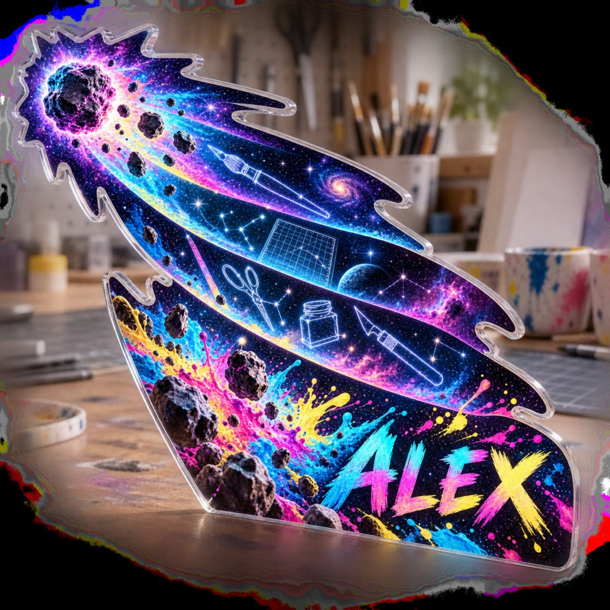 Personalized Comet Trail Hobby Studio Identity custom shape acrylic plaque with an example name set into the artwork, digital preview