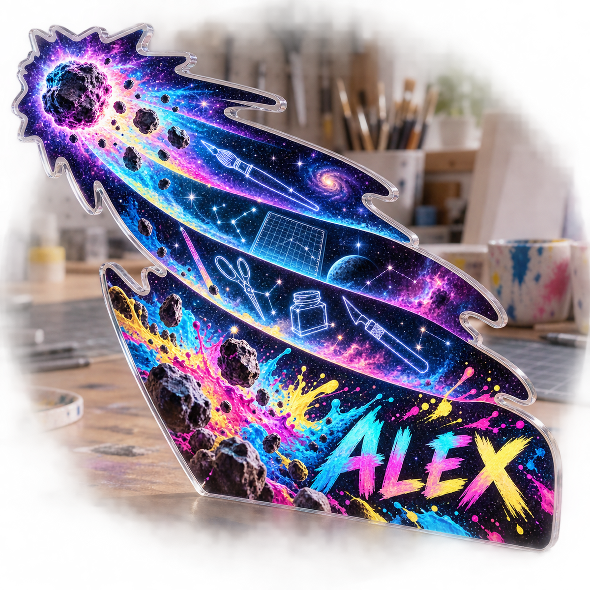 Artwork visualization: Comet trail — hobby studio identity, personalized ALEX, subject-shaped acrylic with printed optical 3D depth; not carved relief.