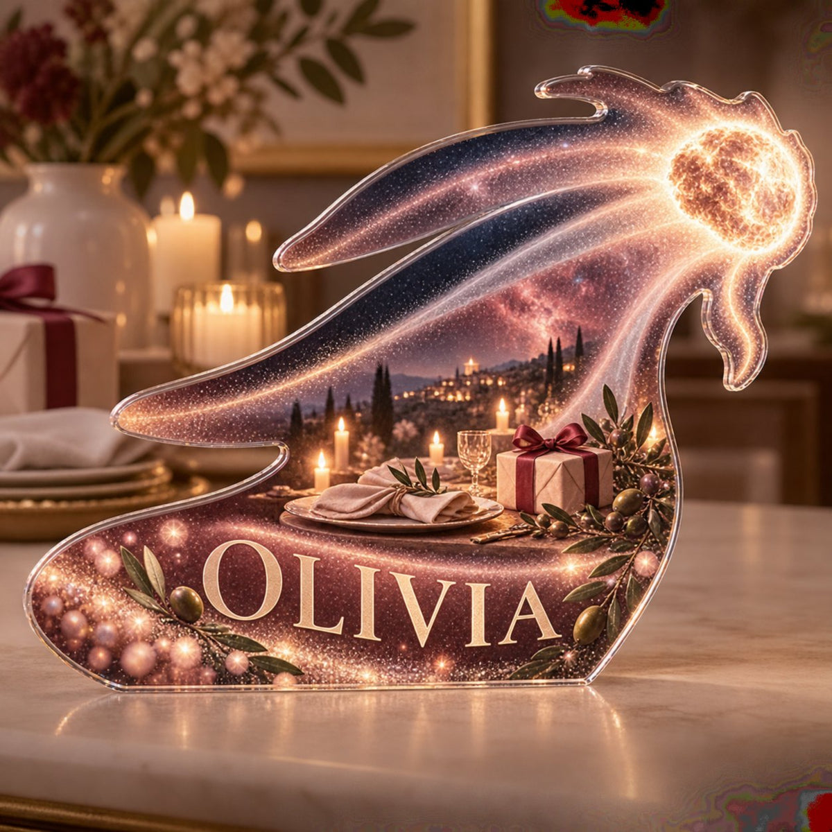 Personalized Comet Trail Host Thank You Gift custom shape acrylic plaque with an example name set into the artwork, digital preview