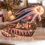 Artwork visualization: Comet trail — host thank you gift, personalized OLIVIA, subject-shaped acrylic with printed optical 3D depth; not carved relief.