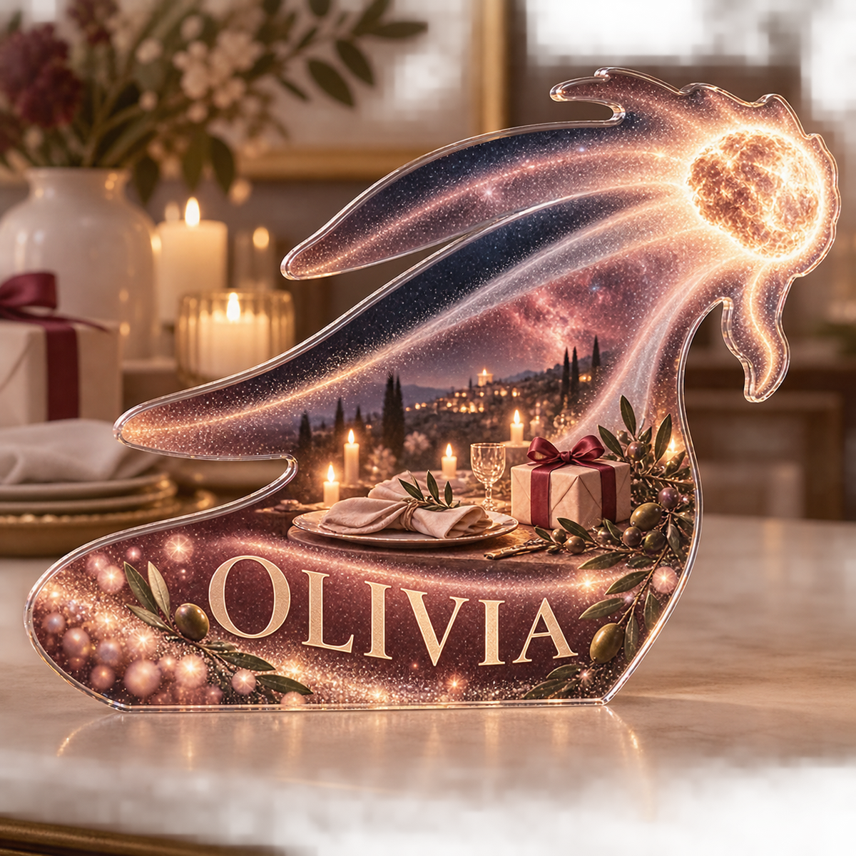 Artwork visualization: Comet trail — host thank you gift, personalized OLIVIA, subject-shaped acrylic with printed optical 3D depth; not carved relief.