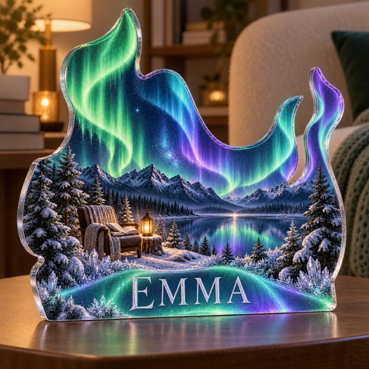 Personalized Northern Lights Reading Nook Decor custom shape acrylic plaque with an example name set into the artwork, digital preview