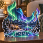 Artwork visualization: Northern lights — reading nook decor, personalized EMMA, subject-shaped acrylic with printed optical 3D depth; not carved relief.