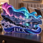 Artwork visualization: Northern lights — bedroom statement decor, personalized JACK, subject-shaped acrylic with printed optical 3D depth; not carved relief.