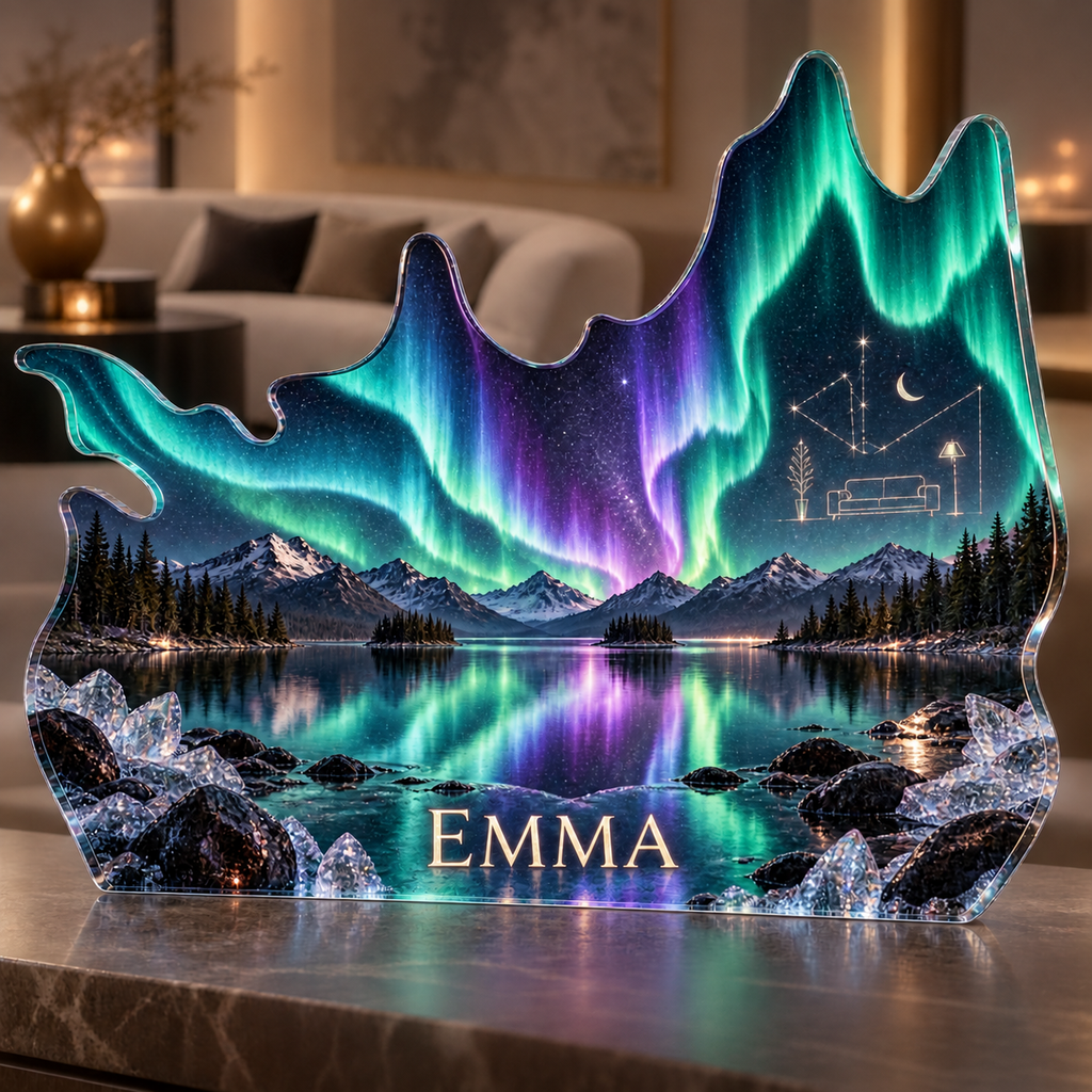 Artwork visualization: Northern lights — living room focal point, personalized EMMA, subject-shaped acrylic with printed optical 3D depth; not carved relief.