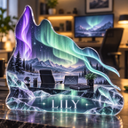 Artwork visualization: Northern lights — home office backdrop, personalized LILY, subject-shaped acrylic with printed optical 3D depth; not carved relief.