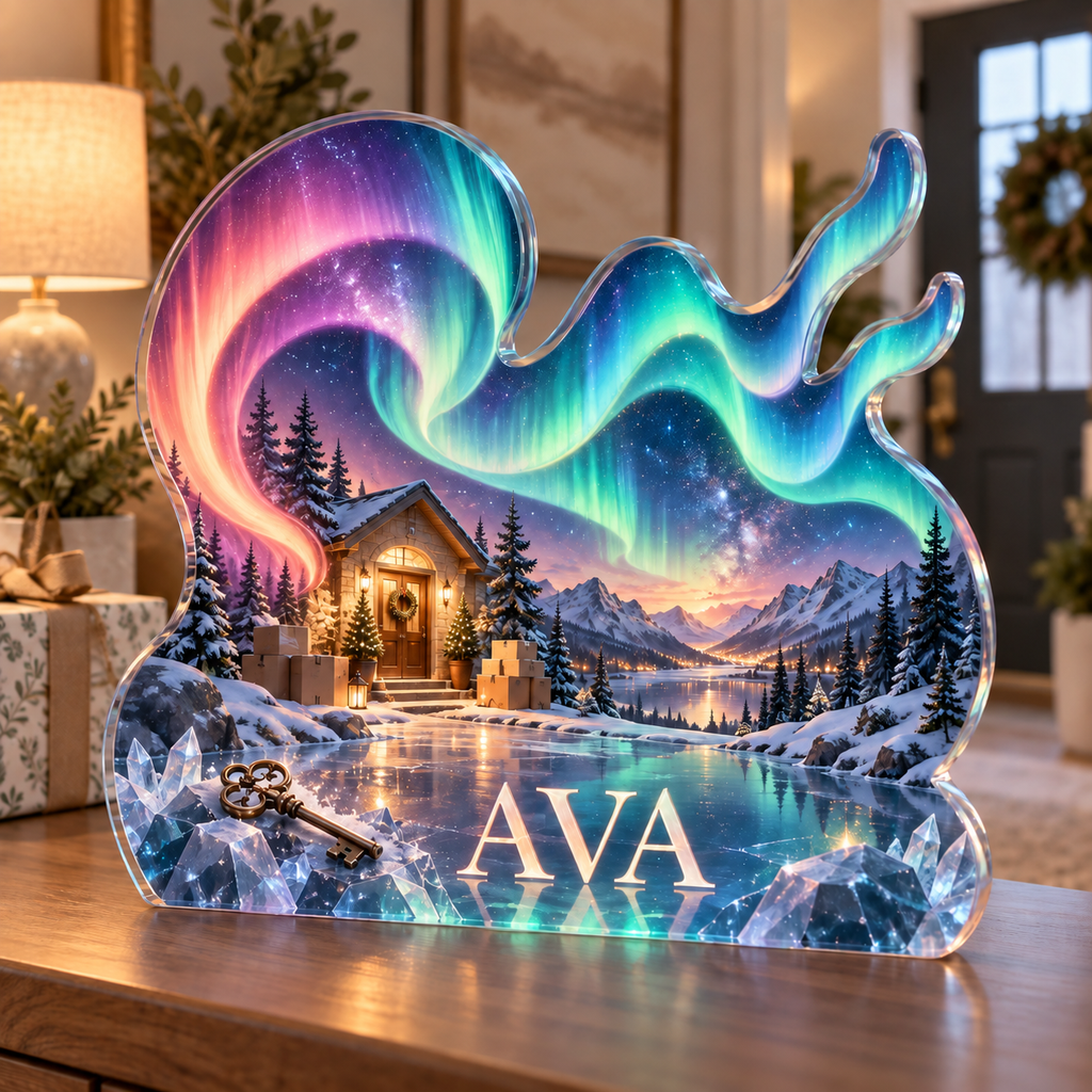 Artwork visualization: Northern lights — personalized housewarming, personalized AVA, subject-shaped acrylic with printed optical 3D depth; not carved relief.