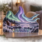 Artwork visualization: Northern lights — quiet corner decoration, personalized LUNA, subject-shaped acrylic with printed optical 3D depth; not carved relief.