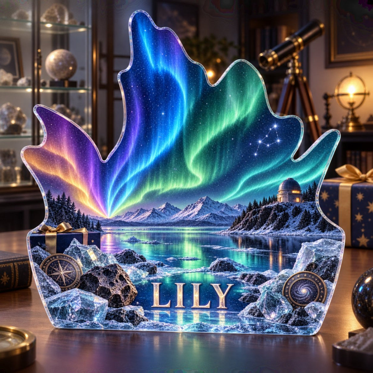 Personalized Northern Lights Collector Birthday Keepsake custom shape acrylic plaque with an example name set into the artwork, digital preview