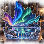 Artwork visualization: Northern lights — collector birthday keepsake, personalized LILY, subject-shaped acrylic with printed optical 3D depth; not carved relief.