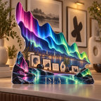 Artwork visualization: Northern lights — apartment gallery wall, personalized ISLA, subject-shaped acrylic with printed optical 3D depth; not carved relief.