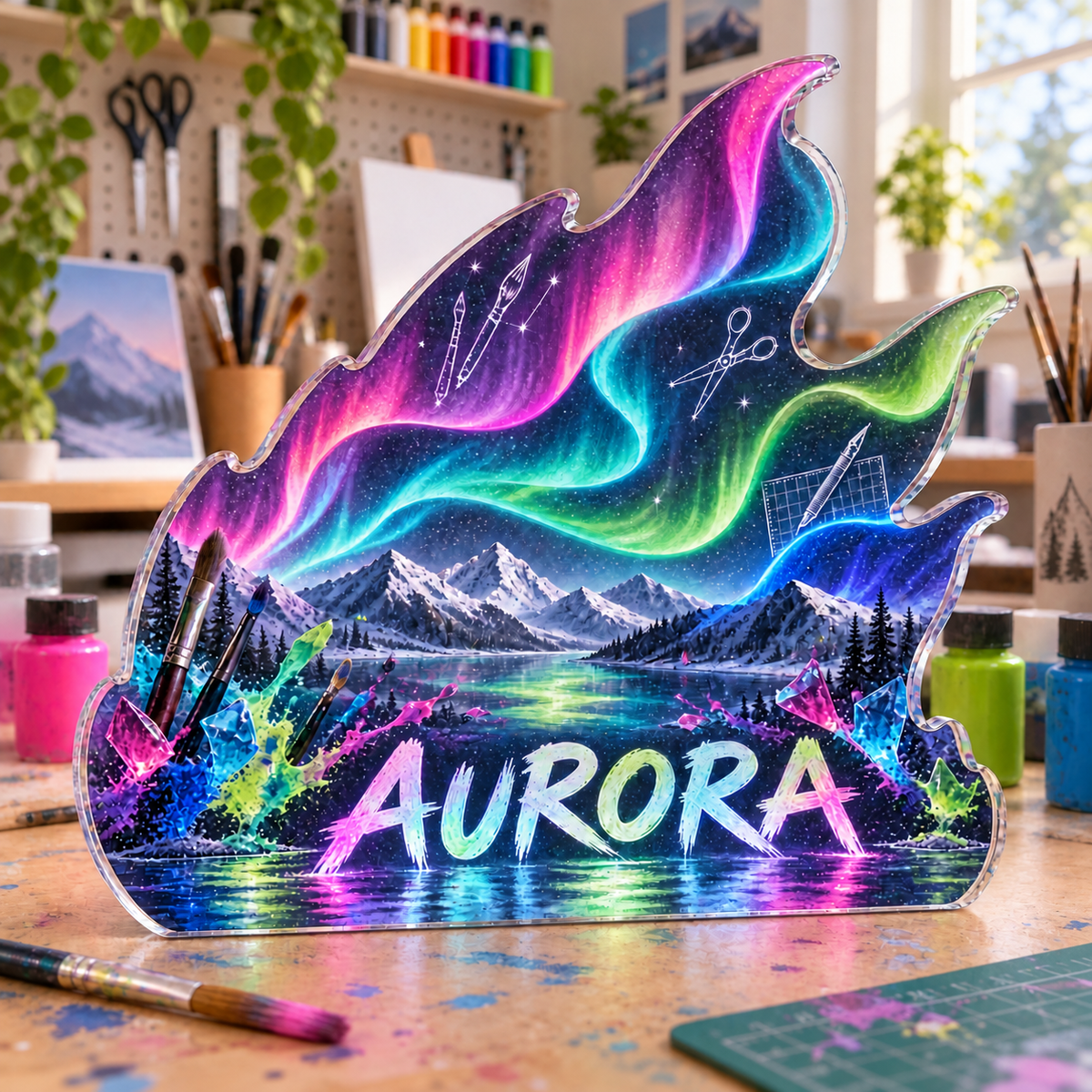 Artwork visualization: Northern lights — hobby studio identity, personalized AURORA, subject-shaped acrylic with printed optical 3D depth; not carved relief.