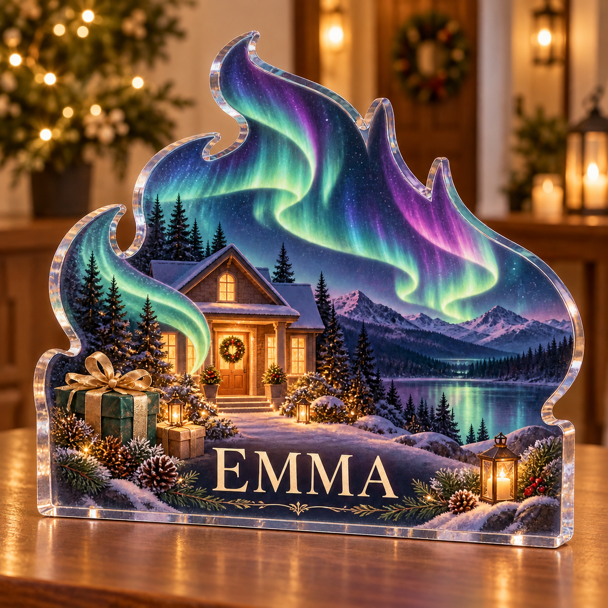 Artwork visualization: Northern lights — host thank you gift, personalized EMMA, subject-shaped acrylic with printed optical 3D depth; not carved relief.