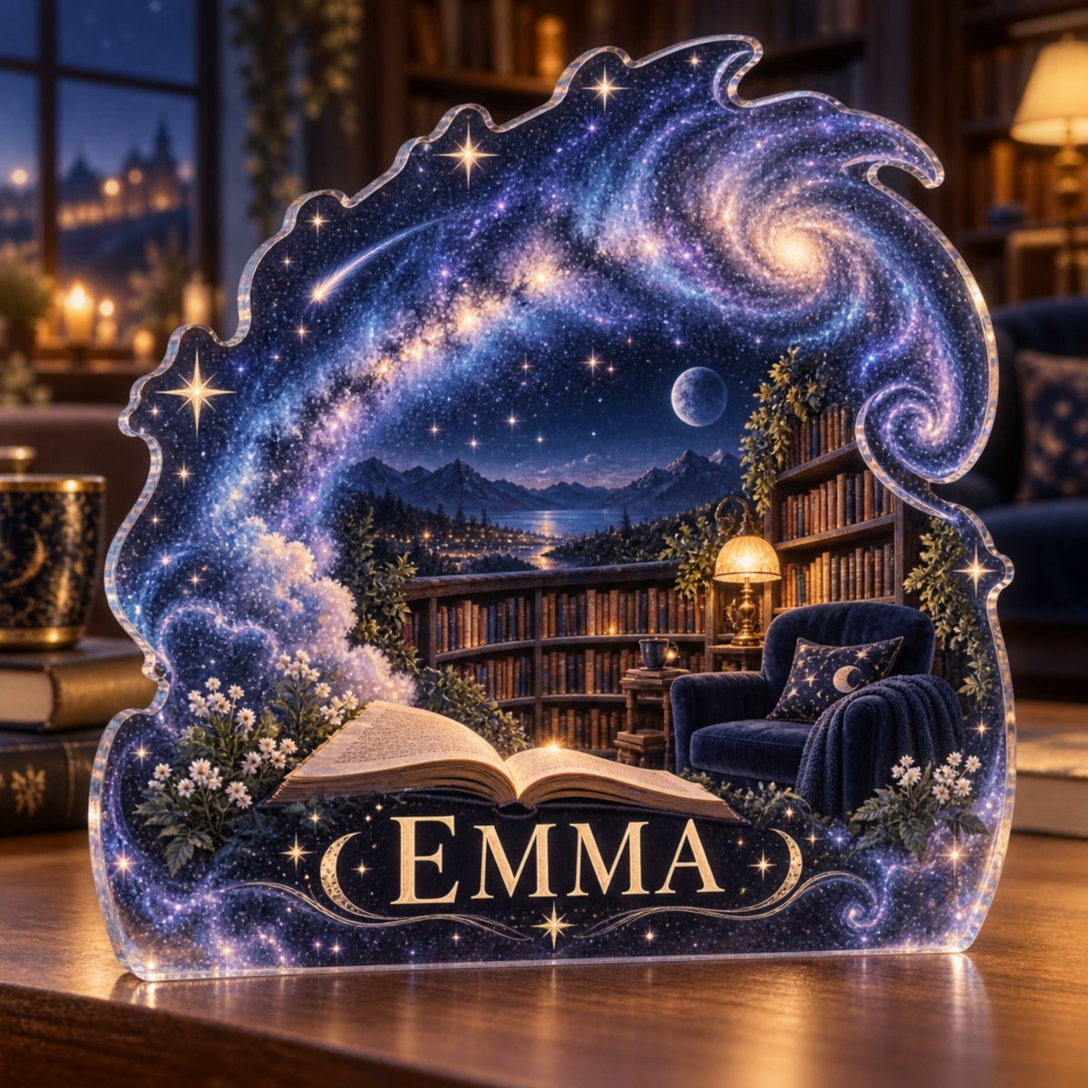 Personalized Milky Way Arch Reading Nook Decor custom shape acrylic plaque with an example name set into the artwork, digital preview
