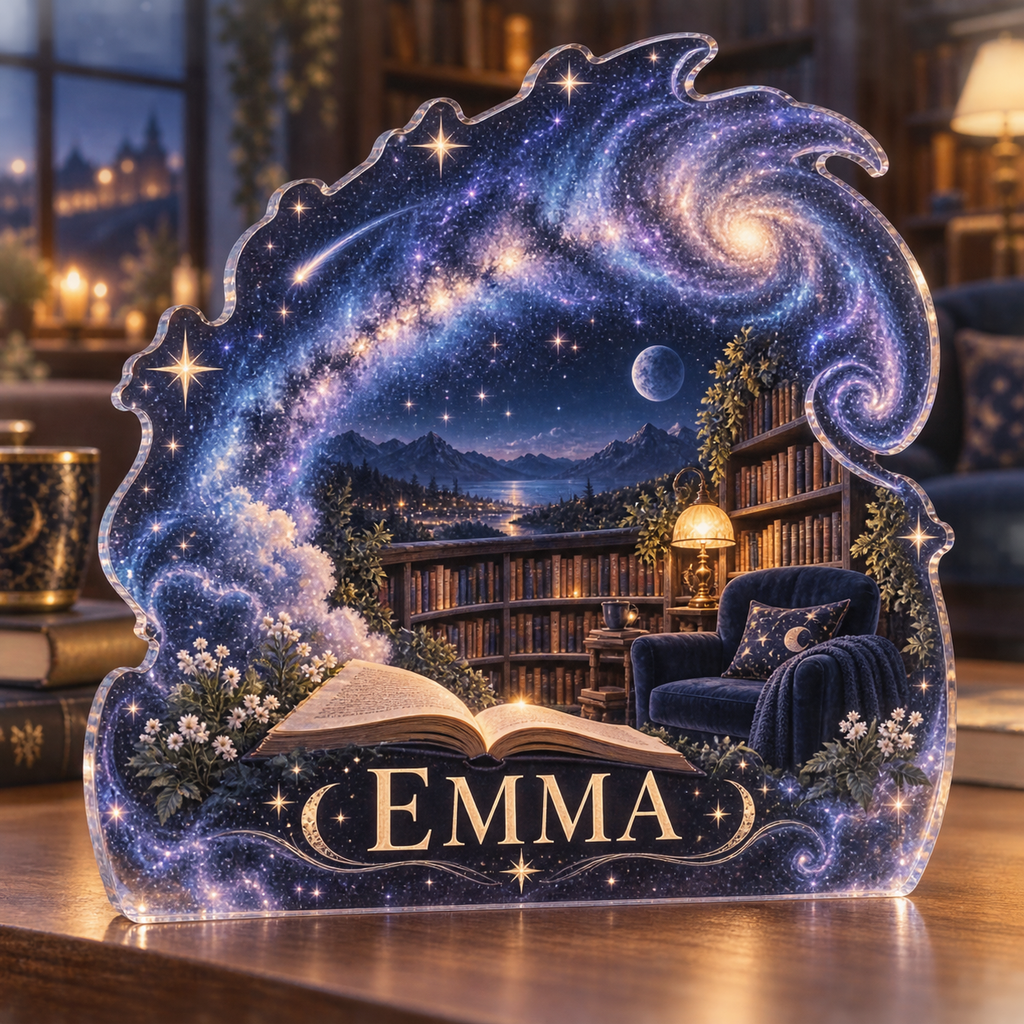 Artwork visualization: Milky Way arch — reading nook decor, personalized EMMA, subject-shaped acrylic with printed optical 3D depth; not carved relief.