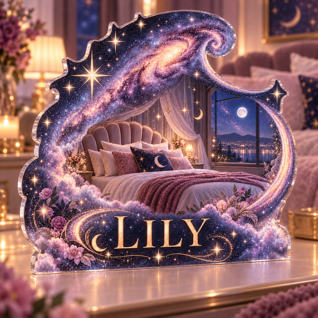 Artwork visualization: Milky Way arch — bedroom statement decor, personalized LILY, subject-shaped acrylic with printed optical 3D depth; not carved relief.
