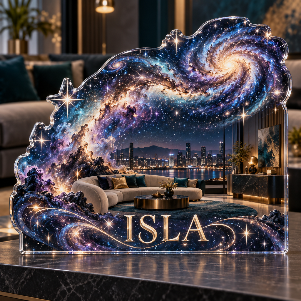 Artwork visualization: Milky Way arch — living room focal point, personalized ISLA, subject-shaped acrylic with printed optical 3D depth; not carved relief.
