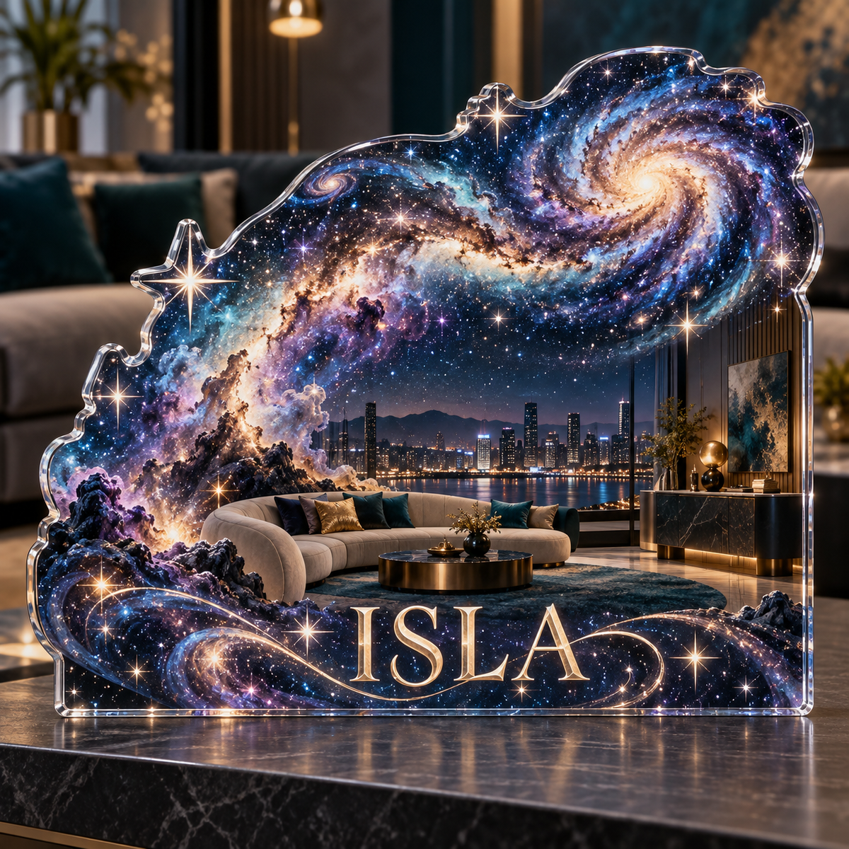 Artwork visualization: Milky Way arch — living room focal point, personalized ISLA, subject-shaped acrylic with printed optical 3D depth; not carved relief.