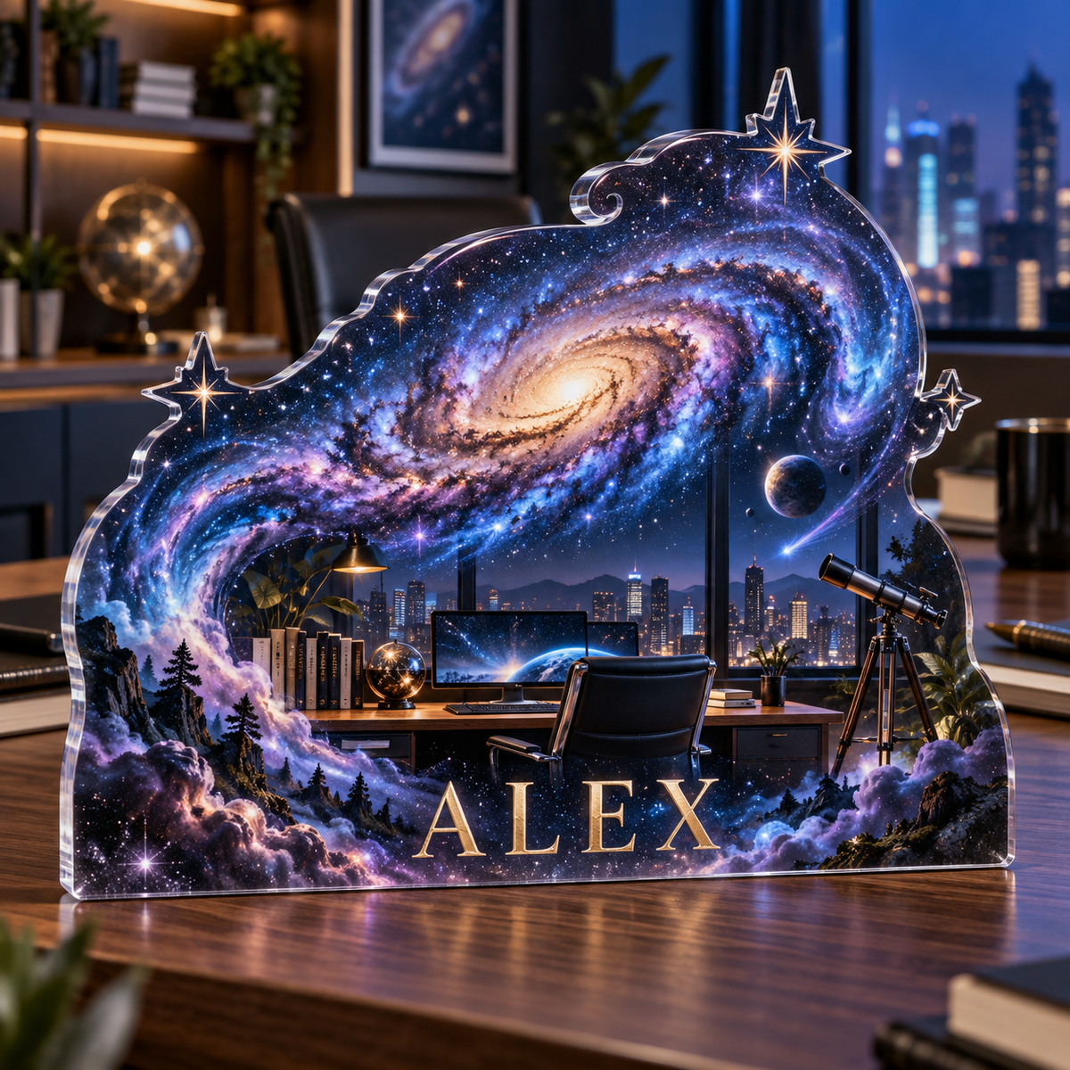 Artwork visualization: Milky Way arch — home office backdrop, personalized ALEX, subject-shaped acrylic with printed optical 3D depth; not carved relief.
