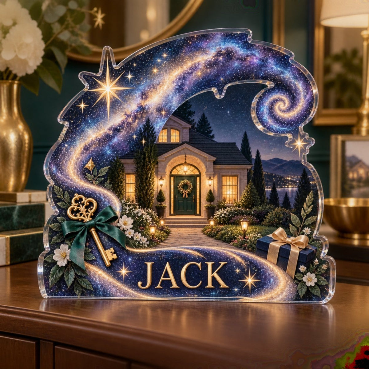 Personalized Milky Way Arch Housewarming custom shape acrylic plaque with an example name set into the artwork, digital preview