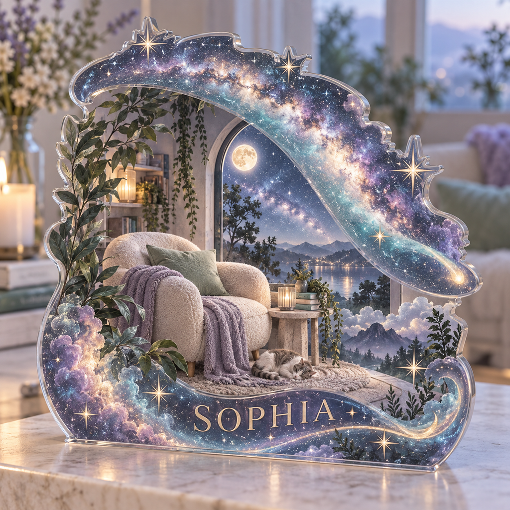 Artwork visualization: Milky Way arch — quiet corner decoration, personalized SOPHIA, subject-shaped acrylic with printed optical 3D depth; not carved relief.