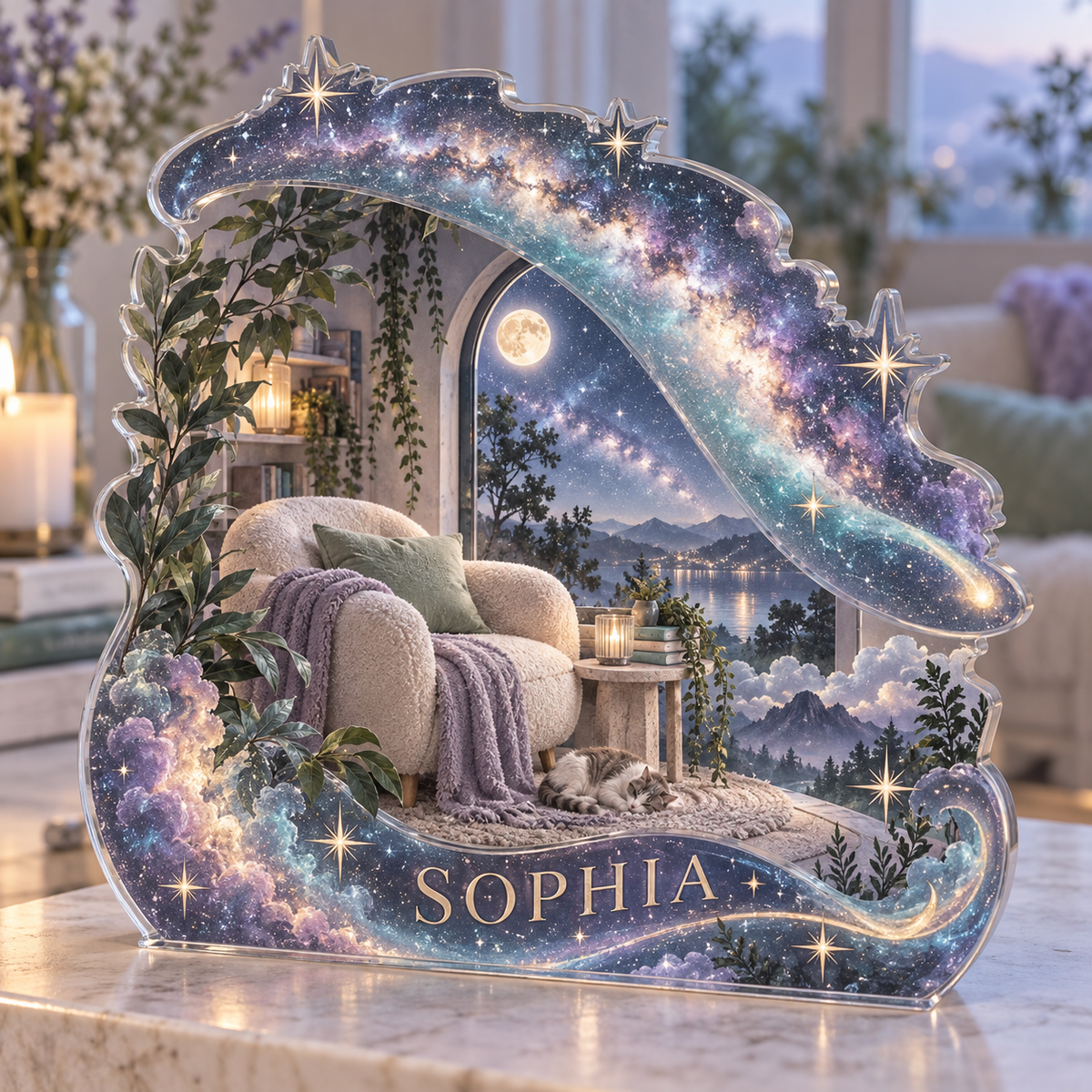 Artwork visualization: Milky Way arch — quiet corner decoration, personalized SOPHIA, subject-shaped acrylic with printed optical 3D depth; not carved relief.