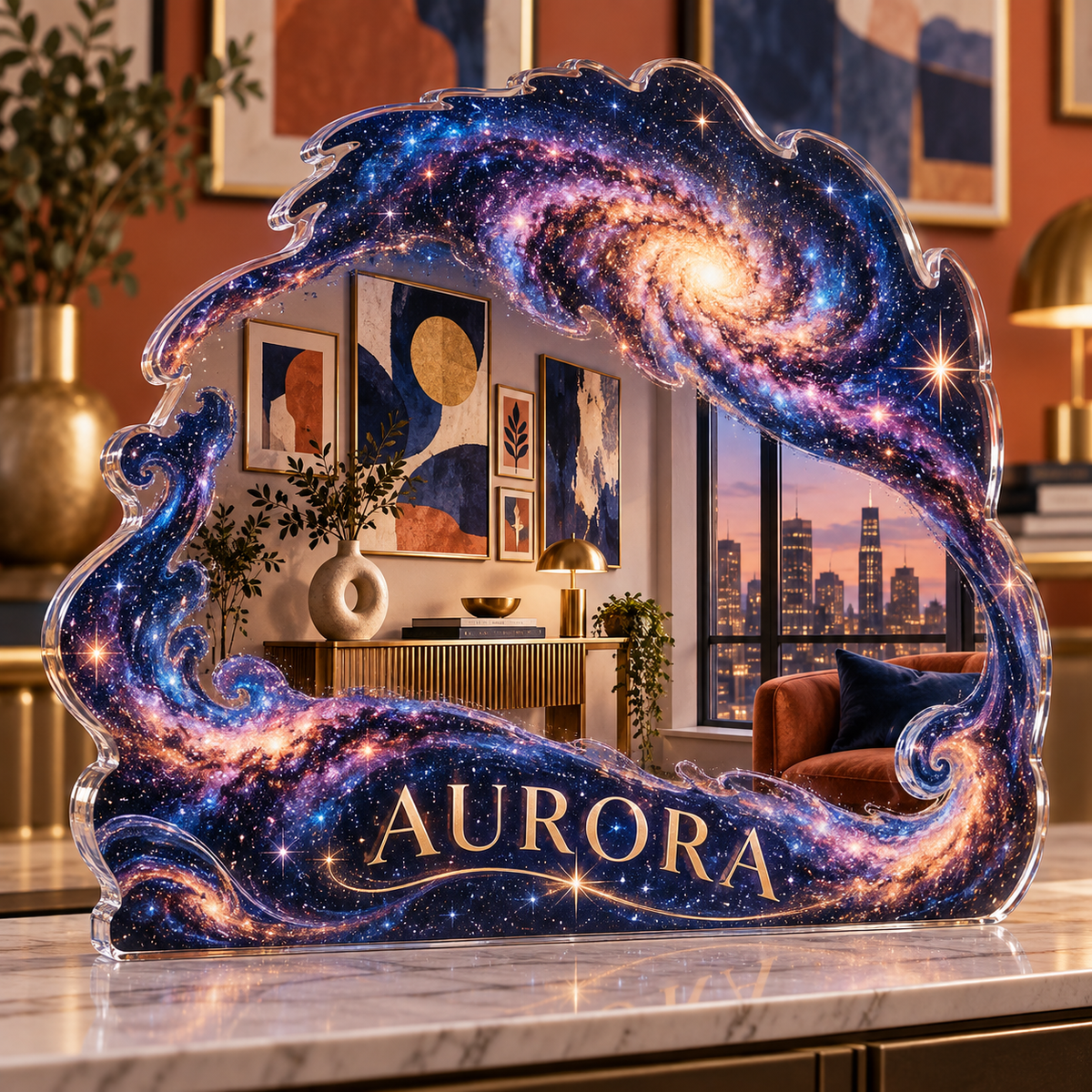 Artwork visualization: Milky Way arch — apartment gallery wall, personalized AURORA, subject-shaped acrylic with printed optical 3D depth; not carved relief.