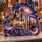 Artwork visualization: Milky Way arch — apartment gallery wall, personalized AURORA, subject-shaped acrylic with printed optical 3D depth; not carved relief.