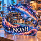 Artwork visualization: Milky Way arch — hobby studio identity, personalized NOAH, subject-shaped acrylic with printed optical 3D depth; not carved relief.