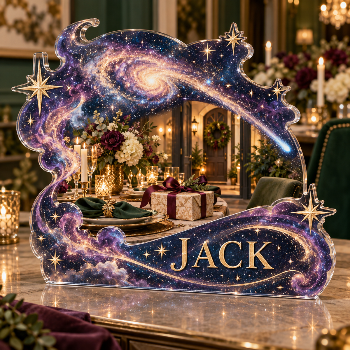 Artwork visualization: Milky Way arch — host thank you gift, personalized JACK, subject-shaped acrylic with printed optical 3D depth; not carved relief.
