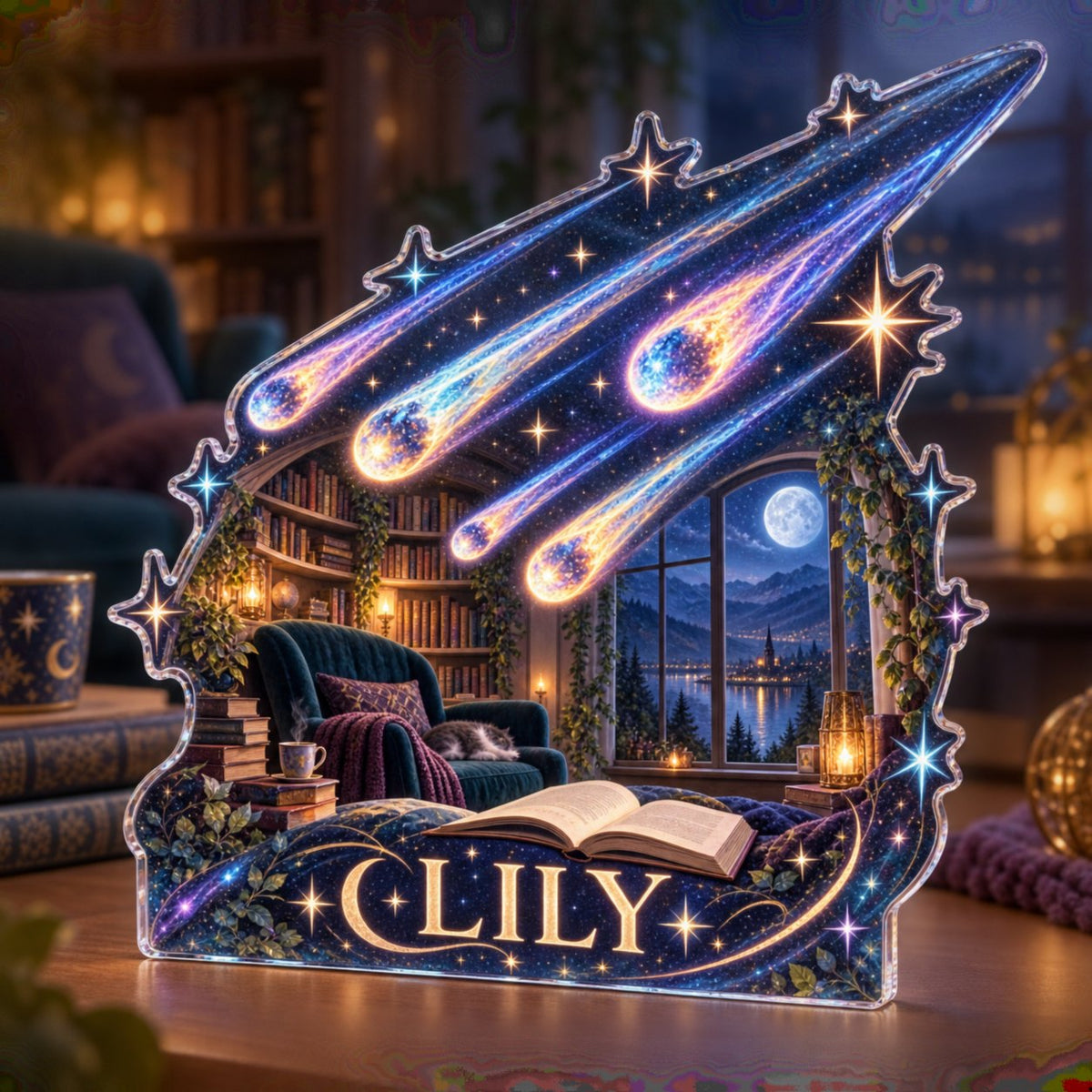Personalized Meteor Shower Reading Nook Decor custom shape acrylic plaque with an example name set into the artwork, digital preview
