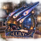 Artwork visualization: Meteor shower — reading nook decor, personalized LILY, subject-shaped acrylic with printed optical 3D depth; not carved relief.