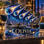 Artwork visualization: Meteor shower — living room focal point, personalized OLIVIA, subject-shaped acrylic with printed optical 3D depth; not carved relief.