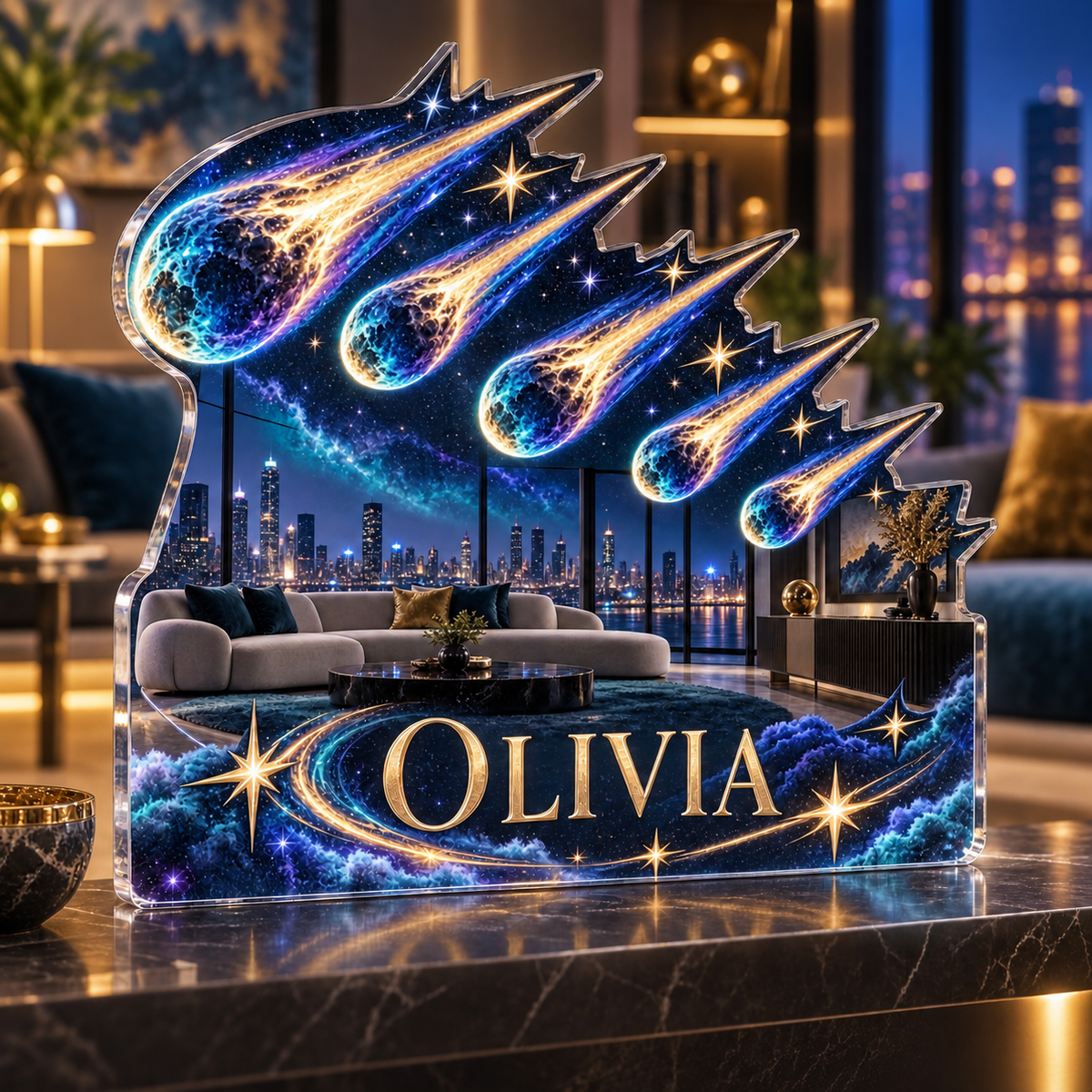 Artwork visualization: Meteor shower — living room focal point, personalized OLIVIA, subject-shaped acrylic with printed optical 3D depth; not carved relief.