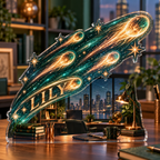 Artwork visualization: Meteor shower — home office backdrop, personalized LILY, subject-shaped acrylic with printed optical 3D depth; not carved relief.