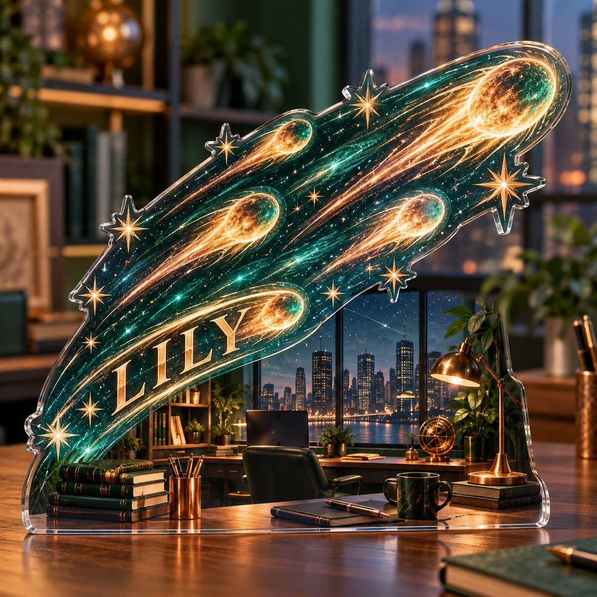 Artwork visualization: Meteor shower — home office backdrop, personalized LILY, subject-shaped acrylic with printed optical 3D depth; not carved relief.