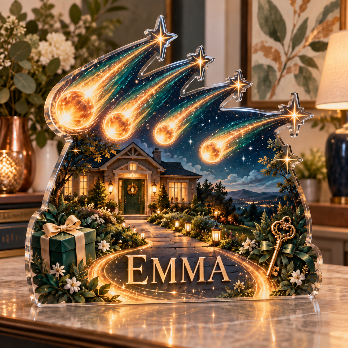 Artwork visualization: Meteor shower — personalized housewarming, personalized EMMA, subject-shaped acrylic with printed optical 3D depth; not carved relief.