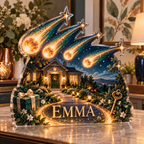 Artwork visualization: Meteor shower — personalized housewarming, personalized EMMA, subject-shaped acrylic with printed optical 3D depth; not carved relief.
