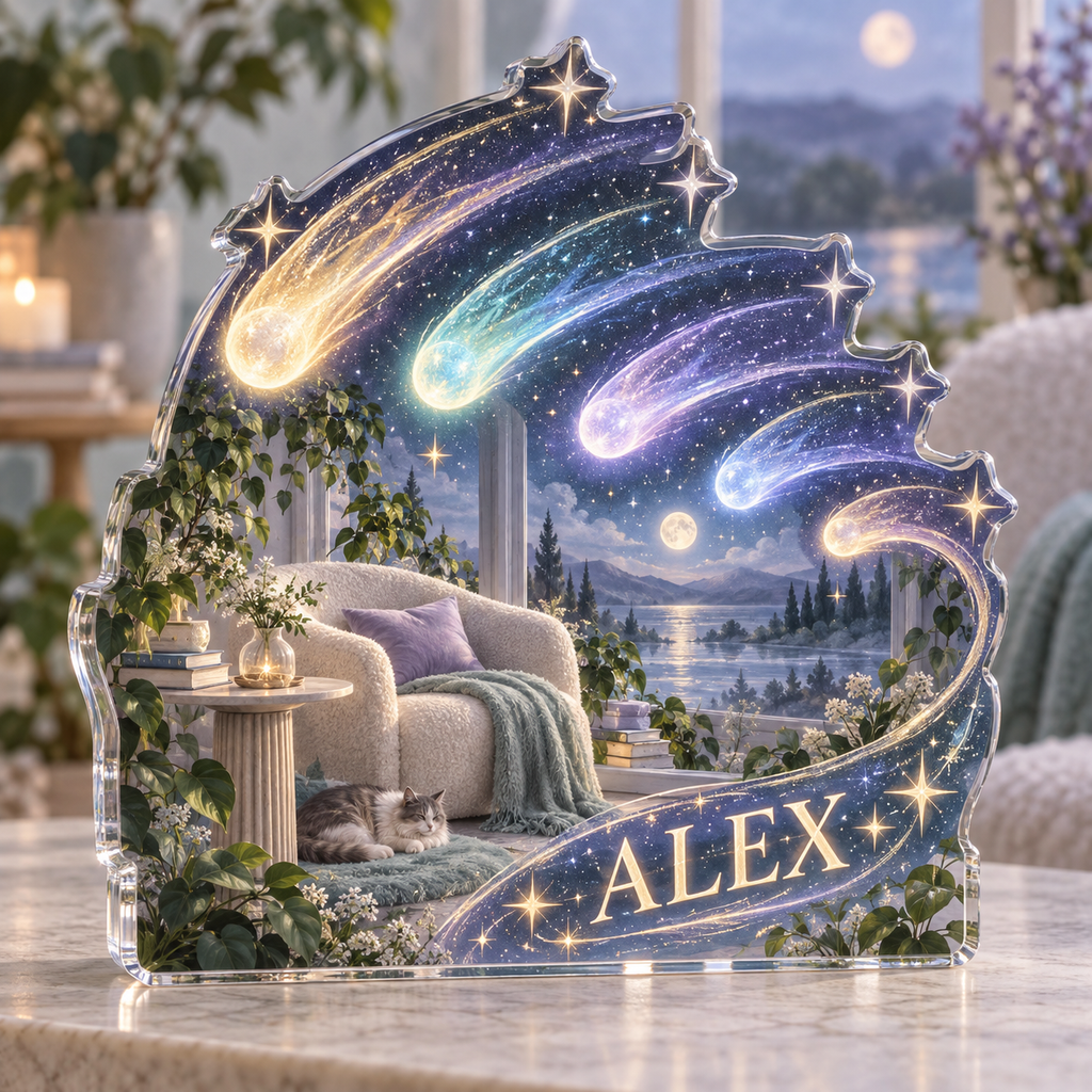 Artwork visualization: Meteor shower — quiet corner decoration, personalized ALEX, subject-shaped acrylic with printed optical 3D depth; not carved relief.