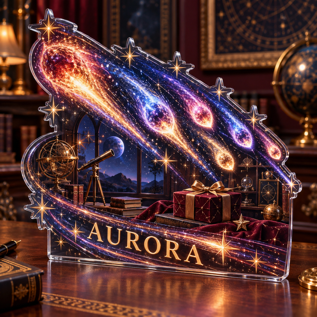 Artwork visualization: Meteor shower — collector birthday keepsake, personalized AURORA, subject-shaped acrylic with printed optical 3D depth; not carved relief.