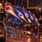 Artwork visualization: Meteor shower — collector birthday keepsake, personalized AURORA, subject-shaped acrylic with printed optical 3D depth; not carved relief.
