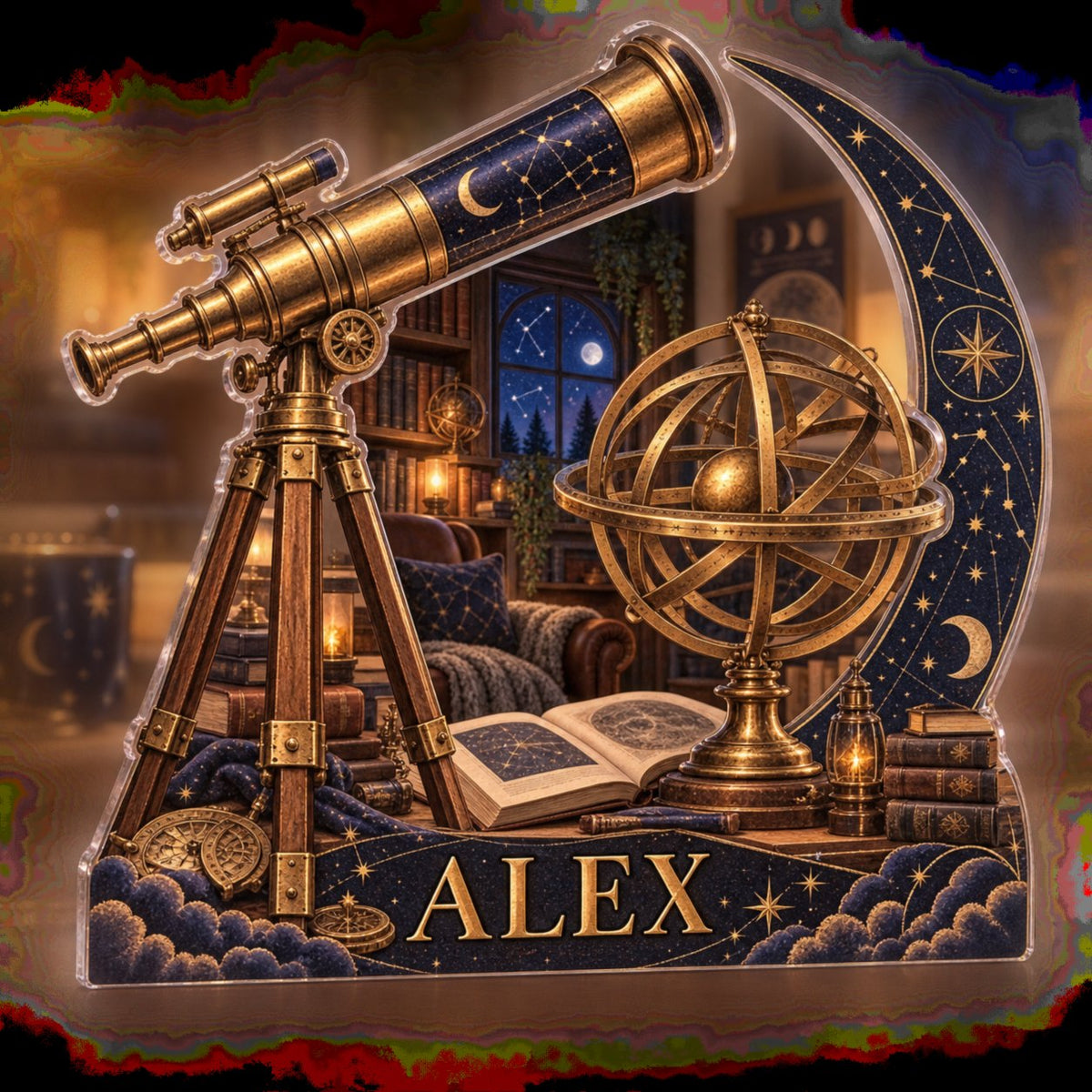 Personalized Astronomical Instruments Reading Nook Decor custom shape acrylic plaque with an example name set into the artwork, digital preview