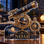 Artwork visualization: Astronomical instruments — bedroom statement decor, personalized NOAH, subject-shaped acrylic with printed optical 3D depth; not carved relief.
