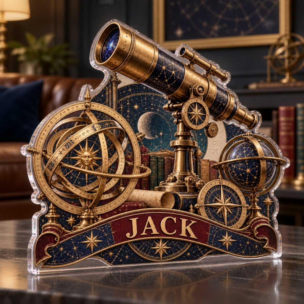 Personalized Astronomical Instruments Living Room Focal Point custom shape acrylic plaque with an example name set into the artwork, digital preview