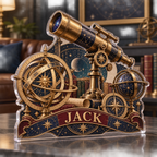 Artwork visualization: Astronomical instruments — living room focal point, personalized JACK, subject-shaped acrylic with printed optical 3D depth; not carved relief.