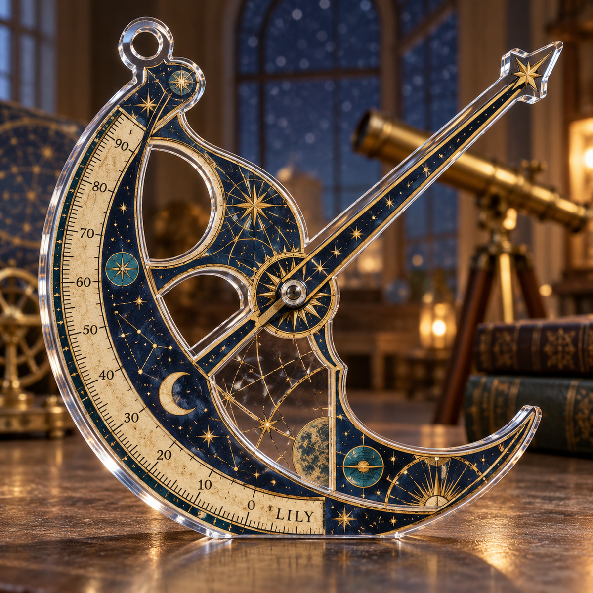 Artwork visualization: Astronomical instruments — personalized housewarming, personalized LILY, subject-shaped acrylic with printed optical 3D depth; not carved relief.