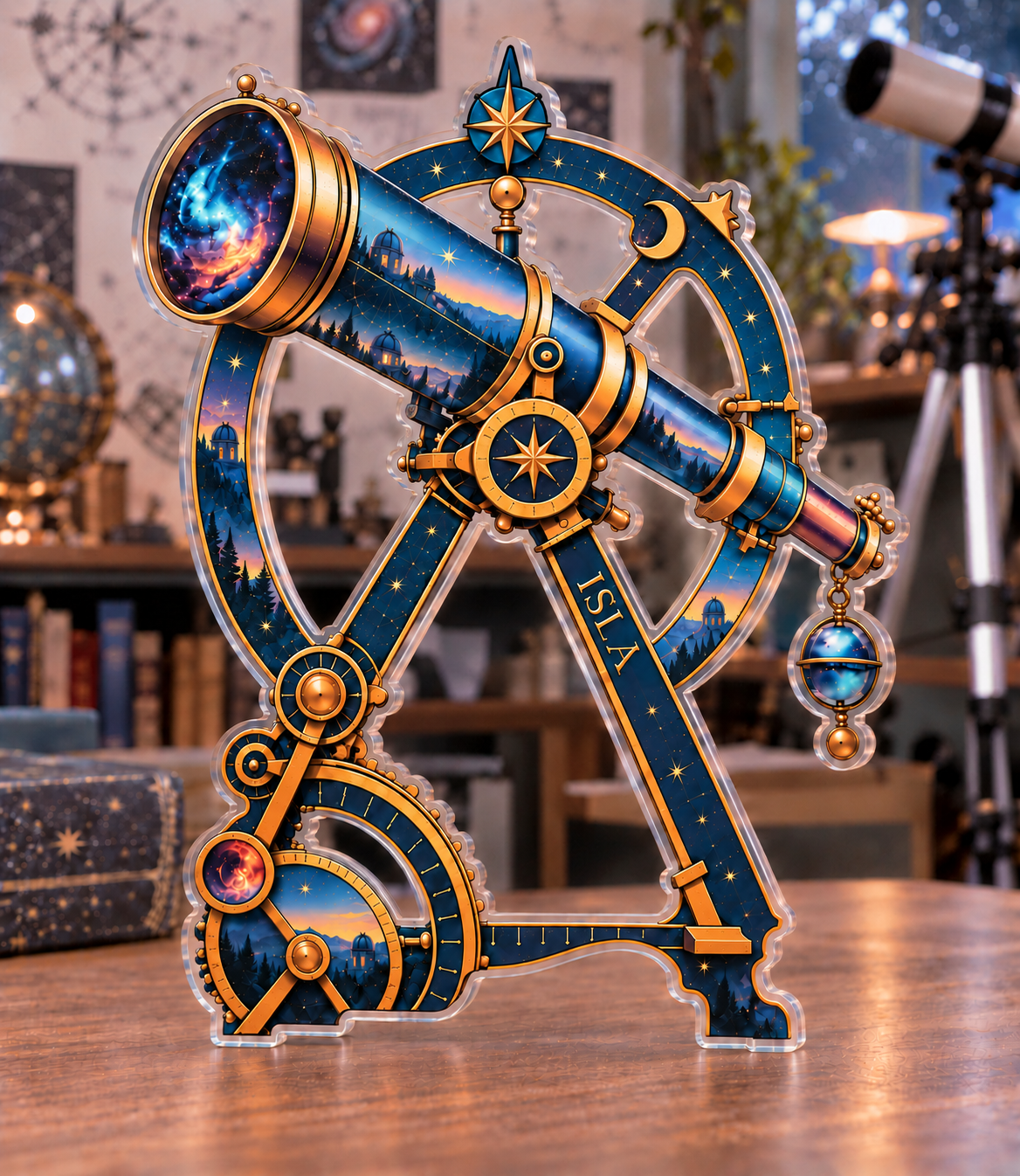 Personalized Astronomical Instruments — Hobby Studio Identity acrylic plaque with an example name set into the artwork, digital preview