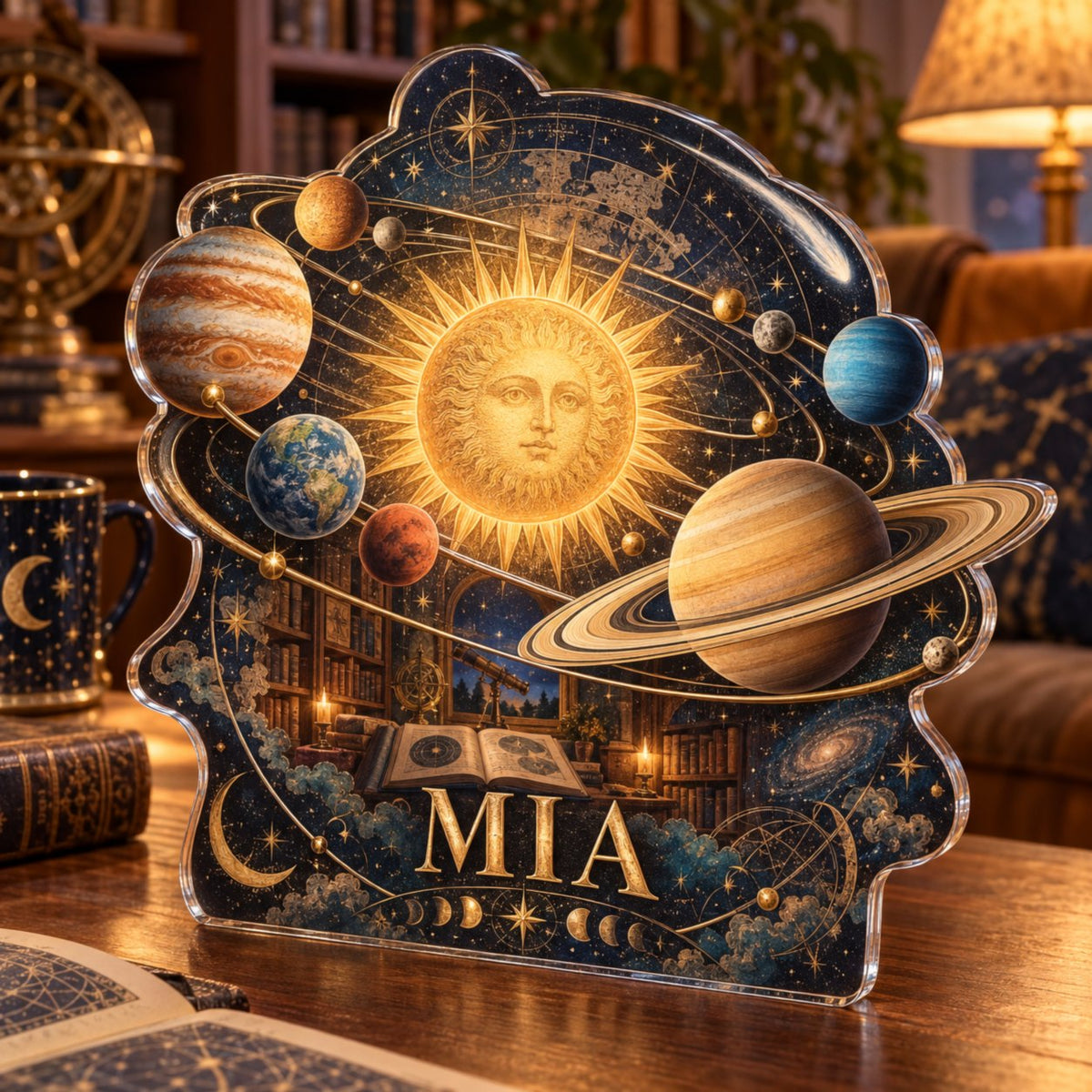 Personalized Vintage Solar System Reading Nook Decor custom shape acrylic plaque with an example name set into the artwork, digital preview