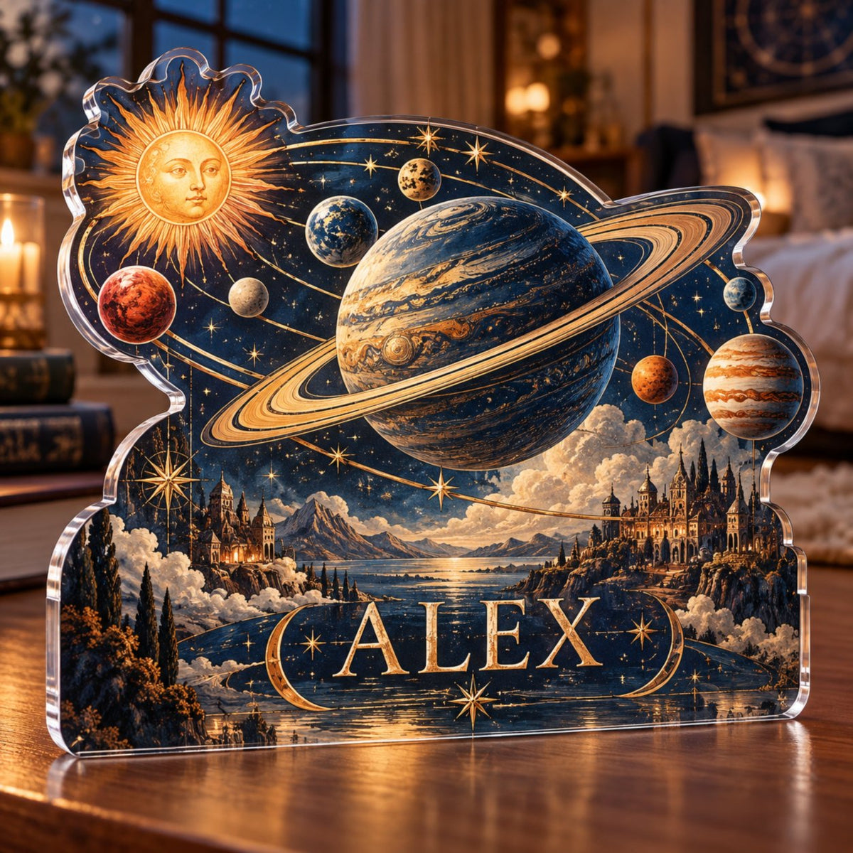 Personalized Vintage Solar System Bedroom Statement Decor custom shape acrylic plaque with an example name set into the artwork, digital preview